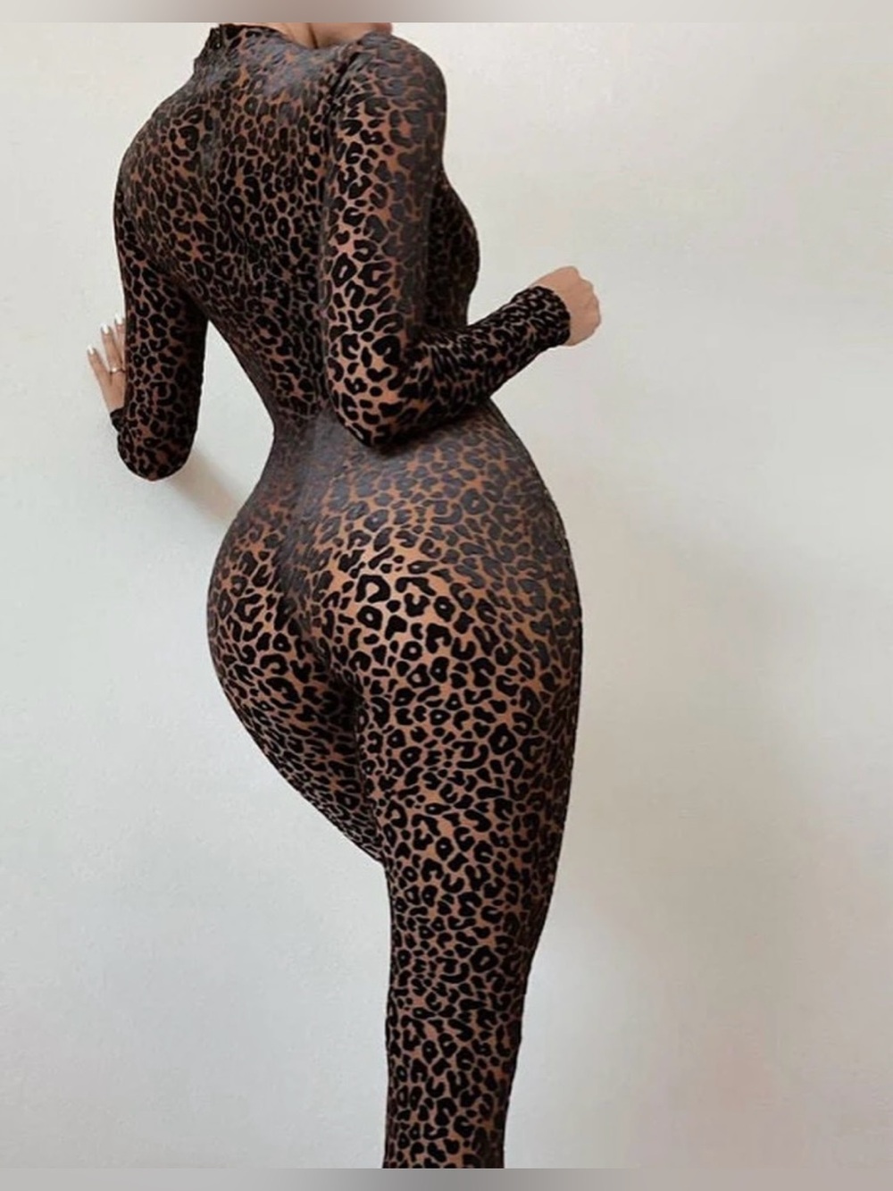 Women's Leopard Print Long-Sleeve Jumpsuit - Brown/Black - Picture 3 of 4